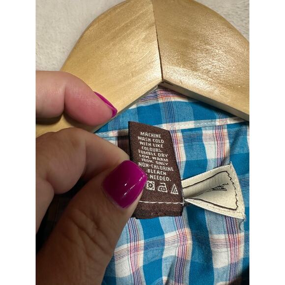 Bit & Bridle Snap Blue Plaid Western Shirt M Womens Pink Trim - Picture 7 of 10
